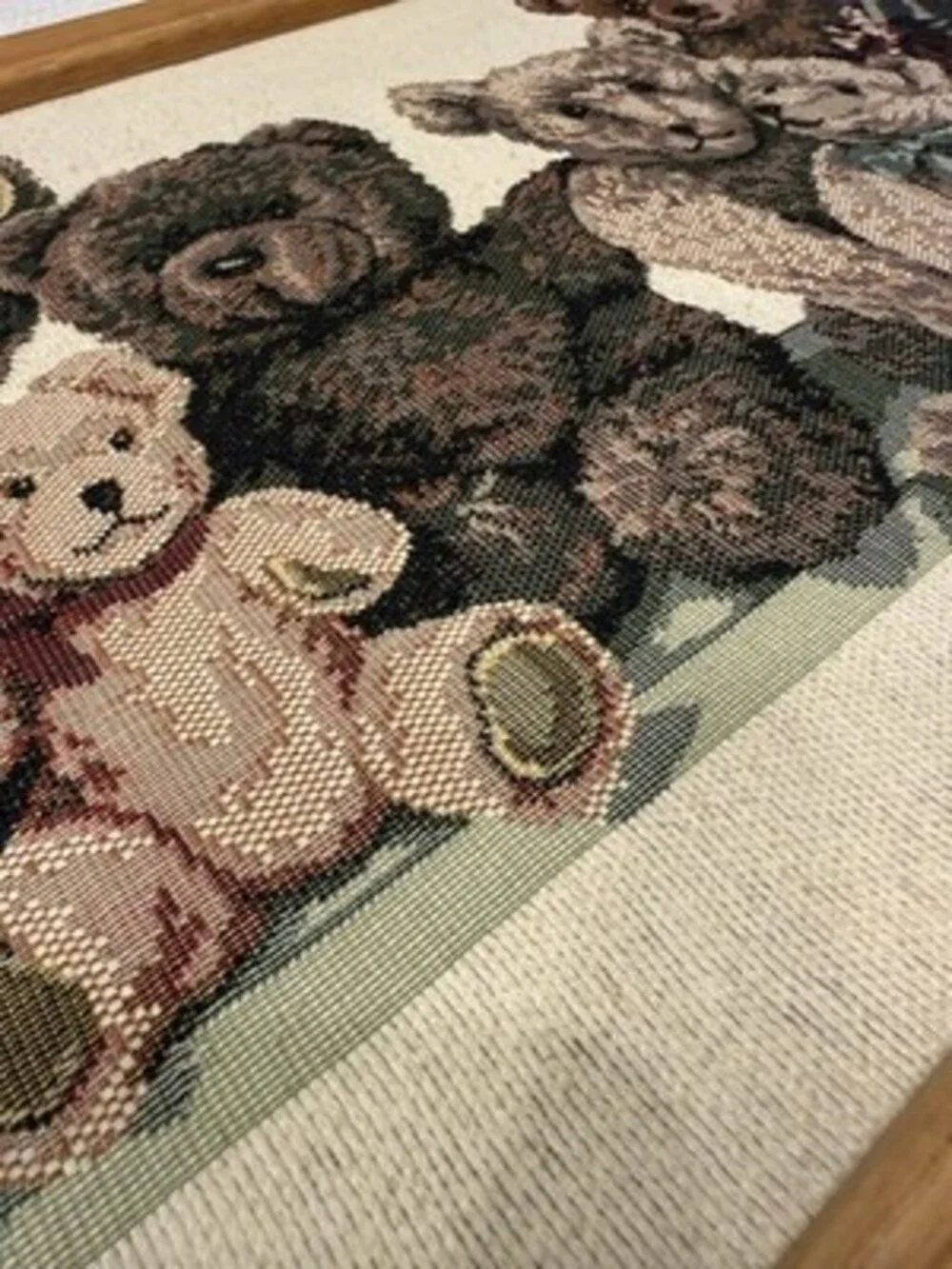 Vintage 90s Dakotah Woven Tapestry Textile Teddy Bears Handmade Oak Frame 36x16